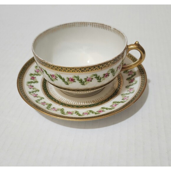 Goa France Che Field Haviland Limoges Cup with Saucer Rose Garland Green Gold